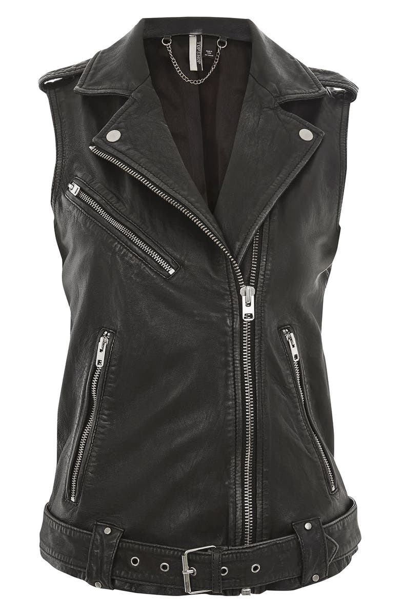 Topshop Leather Moto Vest, Alternate, color, 