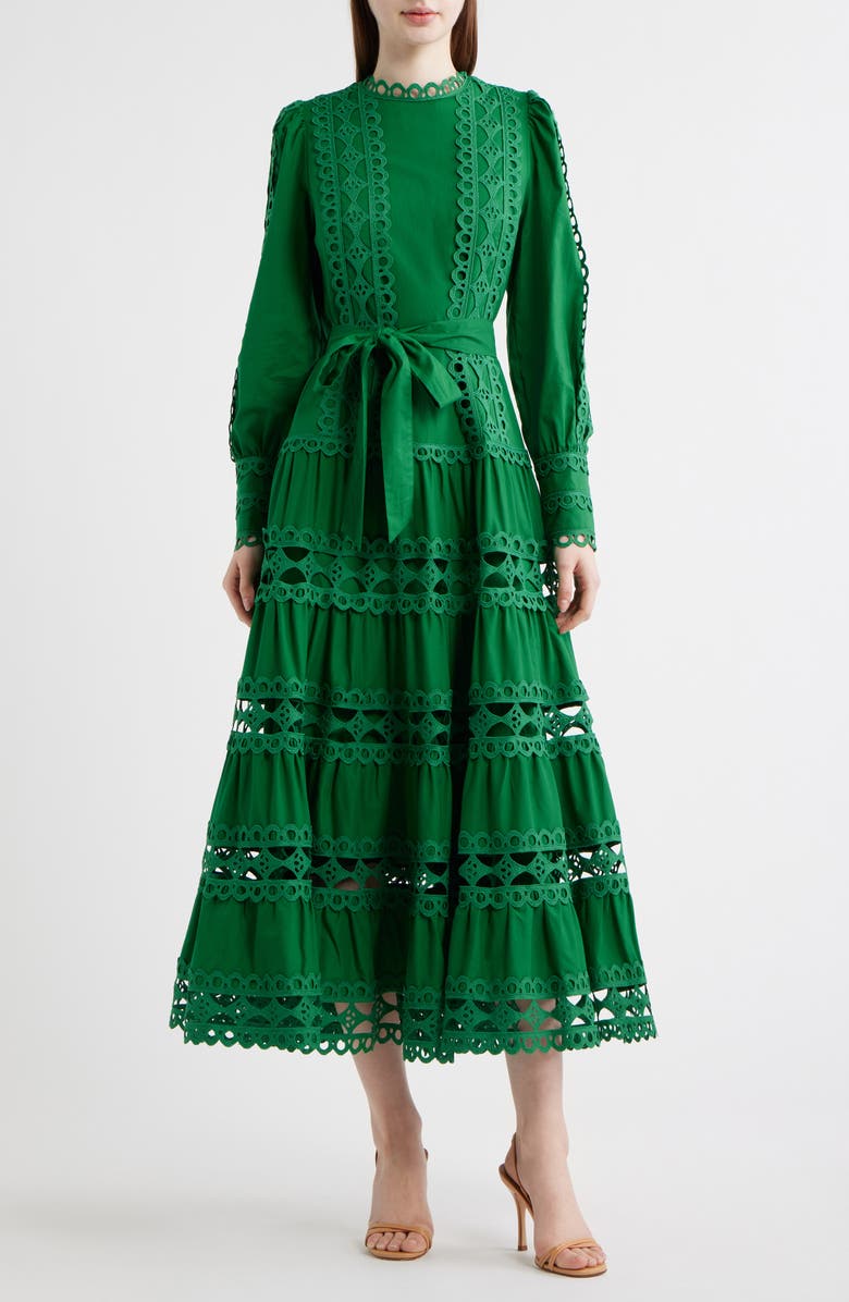 LAYERED WITH LOVE Lace Trim Long Sleeve Cotton Maxi Dress, Main, color, Green