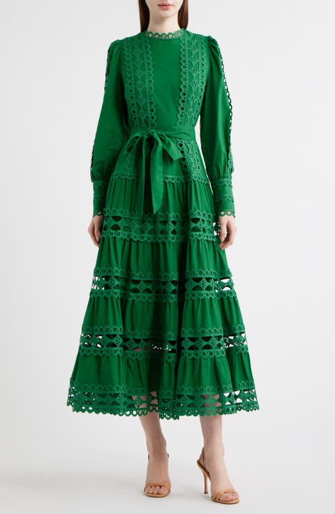 Lace Trim Long Sleeve Cotton Maxi Dress