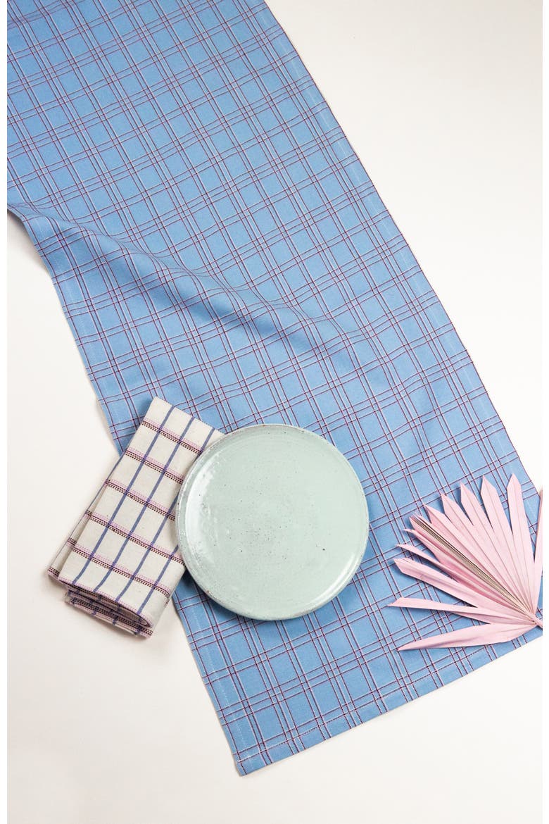 Chiapas Handwoven Plaid Cotton Table Runner, Main, color, Blue