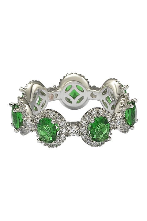Sterling Silver Prong Set Green CZ & Pave Halo Station Eternity Band Ring