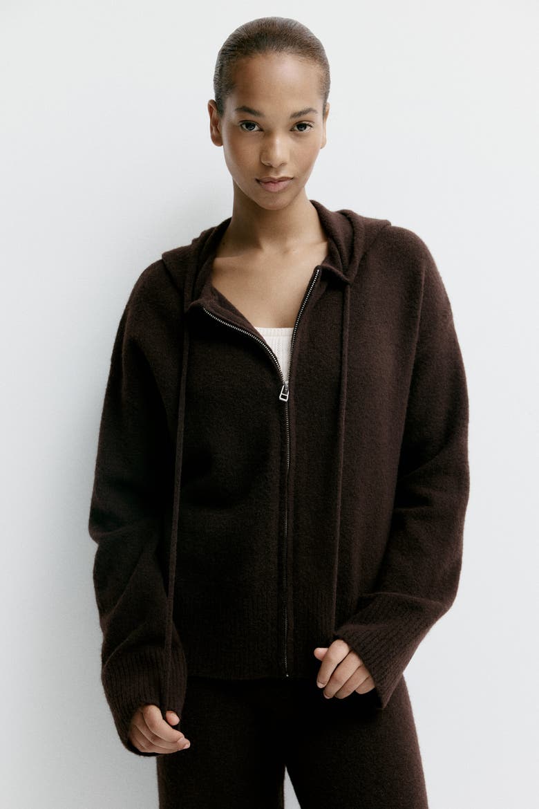 Knitted Zip-through Hoodie, Alternate, color, Dark brown