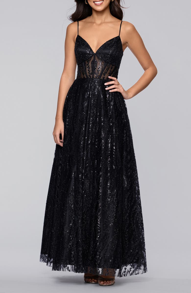 Blondie Nites Sequin Corset Bodice Gown, Main, color, Black