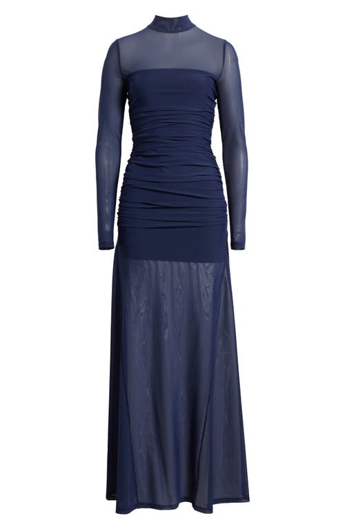 Black Halo Elvira Long Sleeve Gathered Mesh Evening Gown In Blue