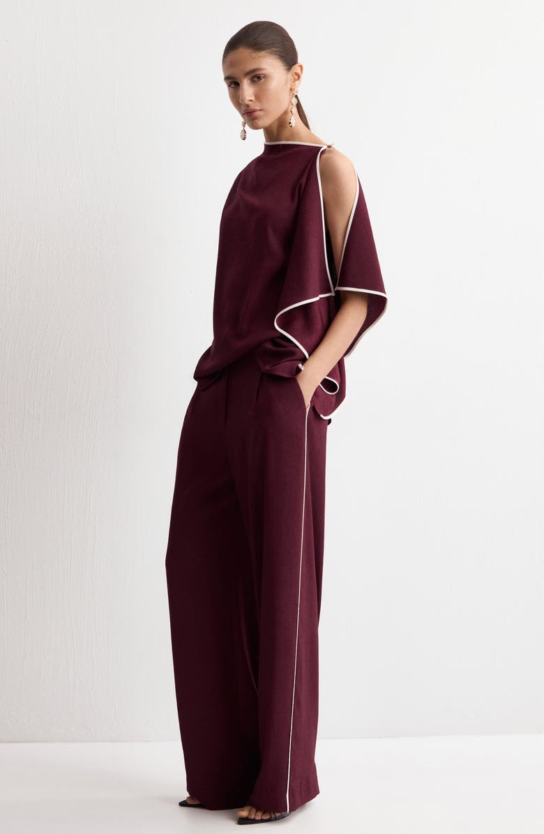 MANGO Contrast Stripe Straight Leg Pants, Alternate, color, Burgundy/ Ecru