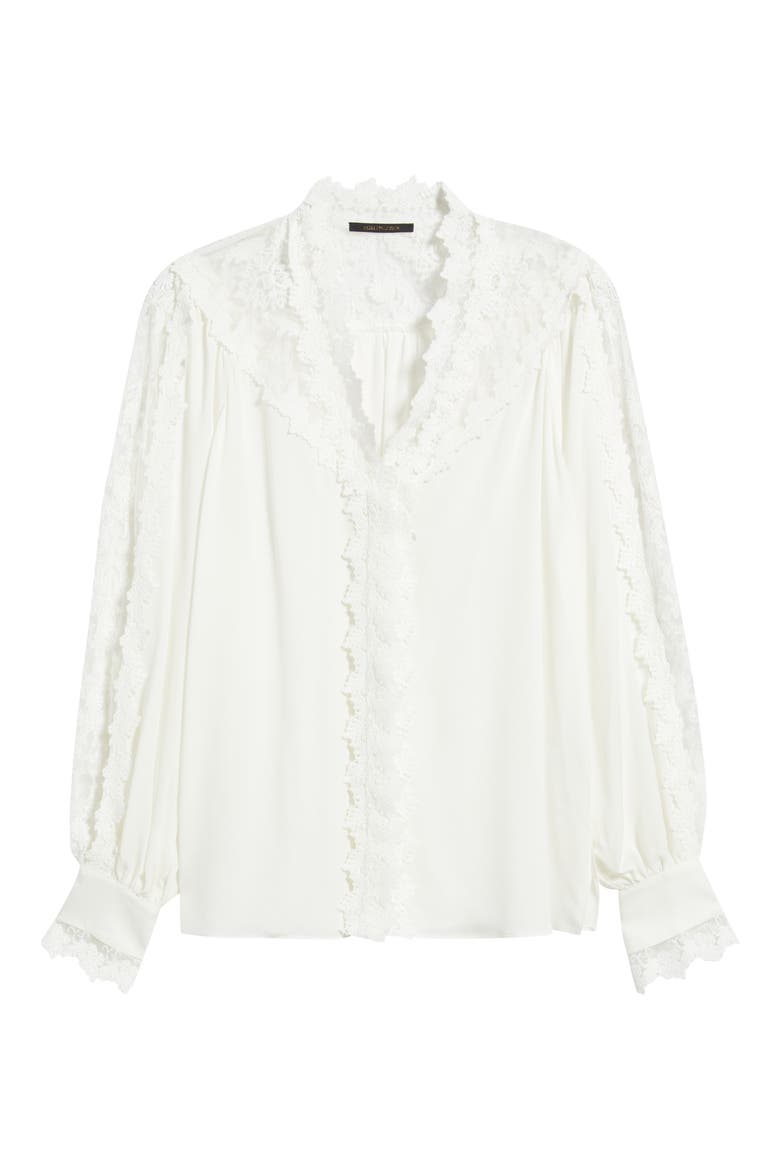 Miguel Lace Trim Silk Button-Up Shirt, Alternate, color, IVORY