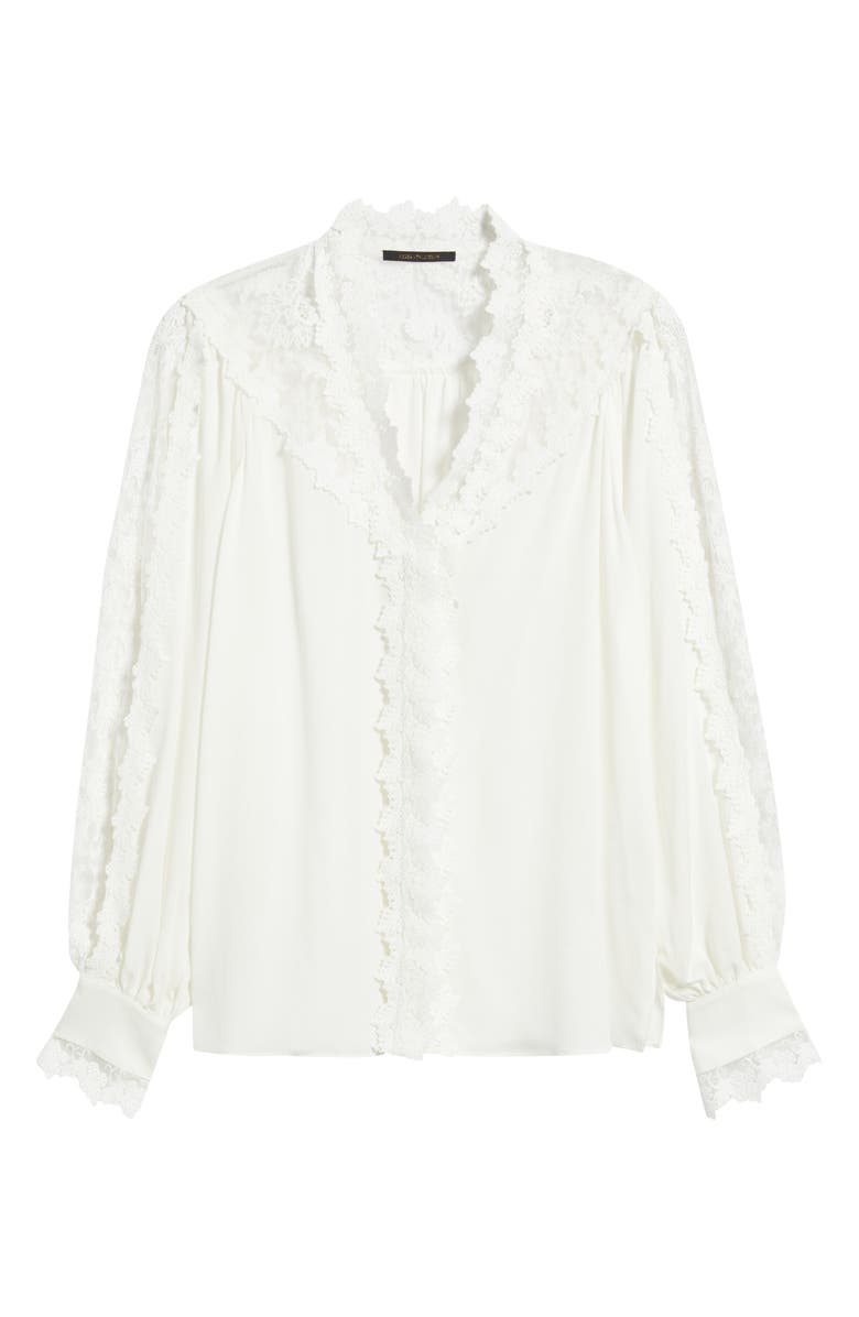 KOBI HALPERIN Miguel Lace Trim Silk Button-Up Shirt, Alternate, color, Ivory