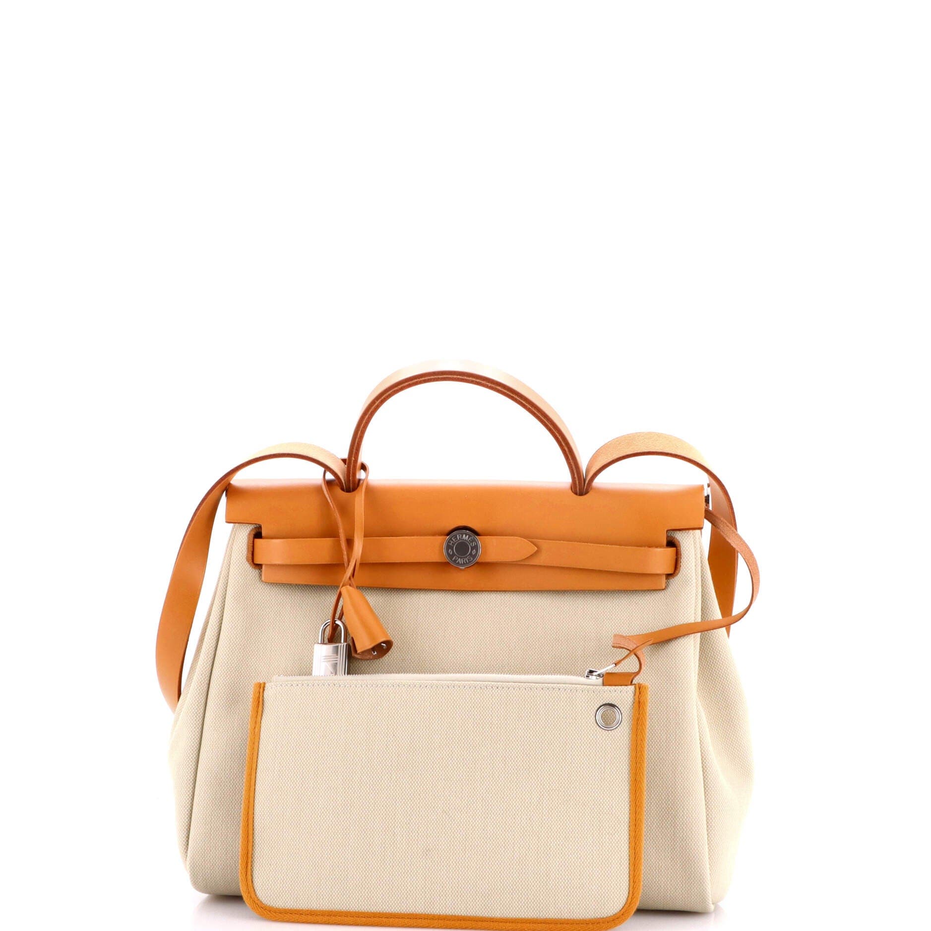 Pre-Owned Hermes Herbag Zip Leather and Toile 31, Alternate, color, Beton