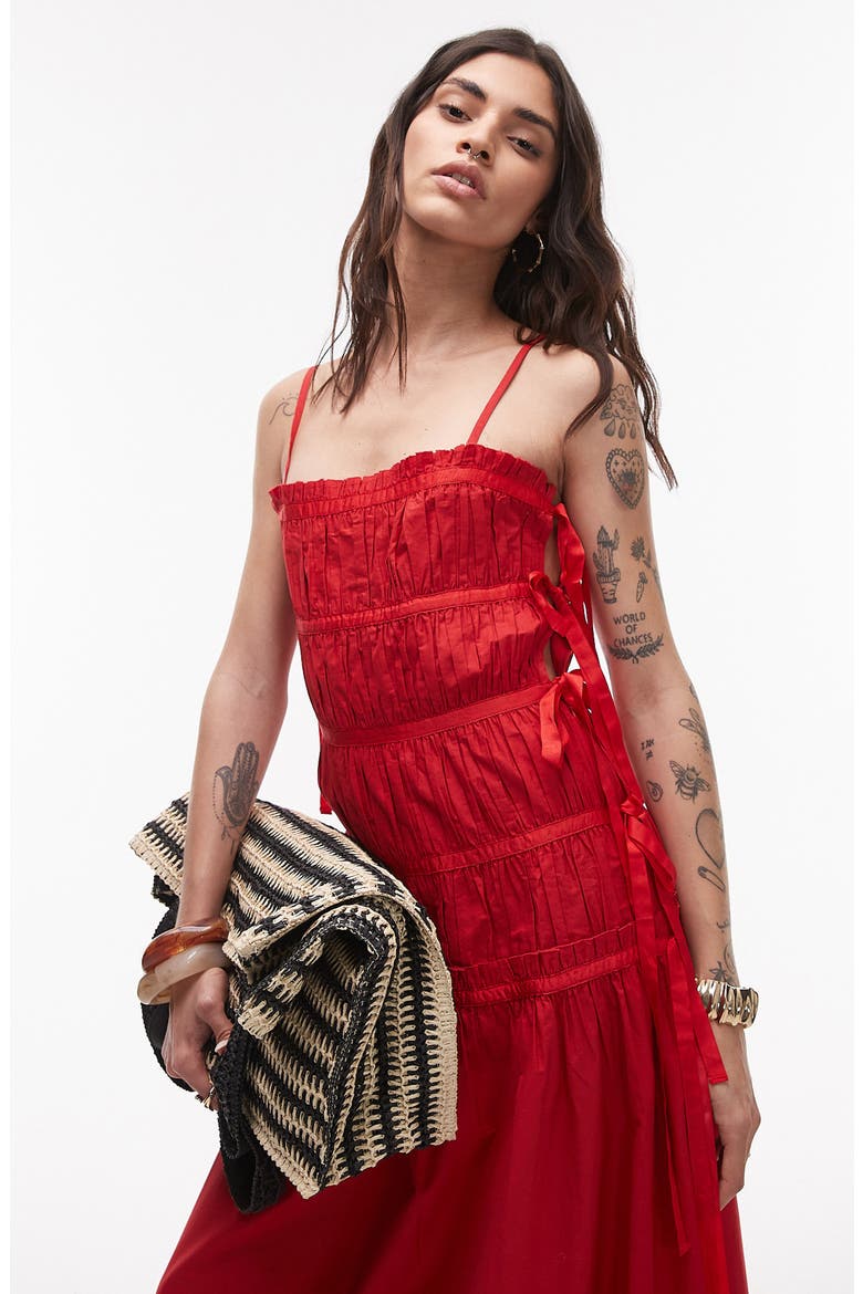Ruched Cotton Poplin Midi Dress, Alternate, color, RED
