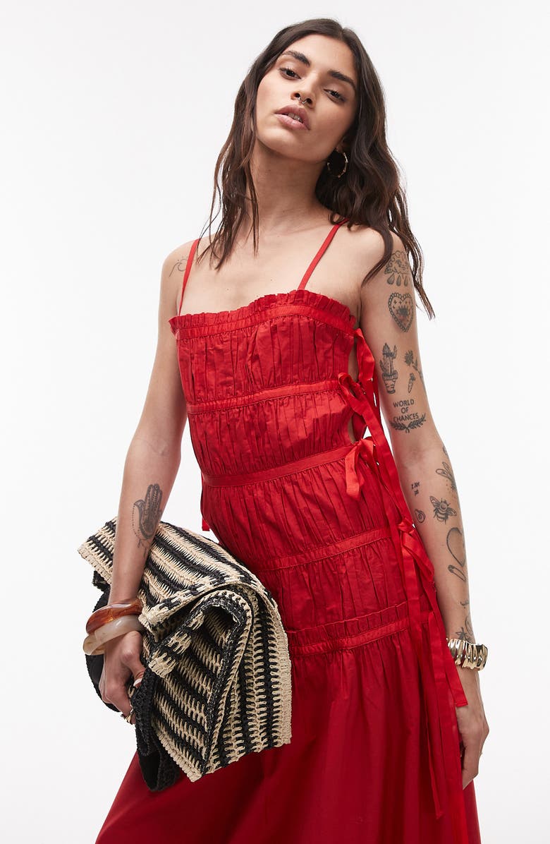 Topshop Ruched Cotton Poplin Midi Dress, Alternate, color, Red