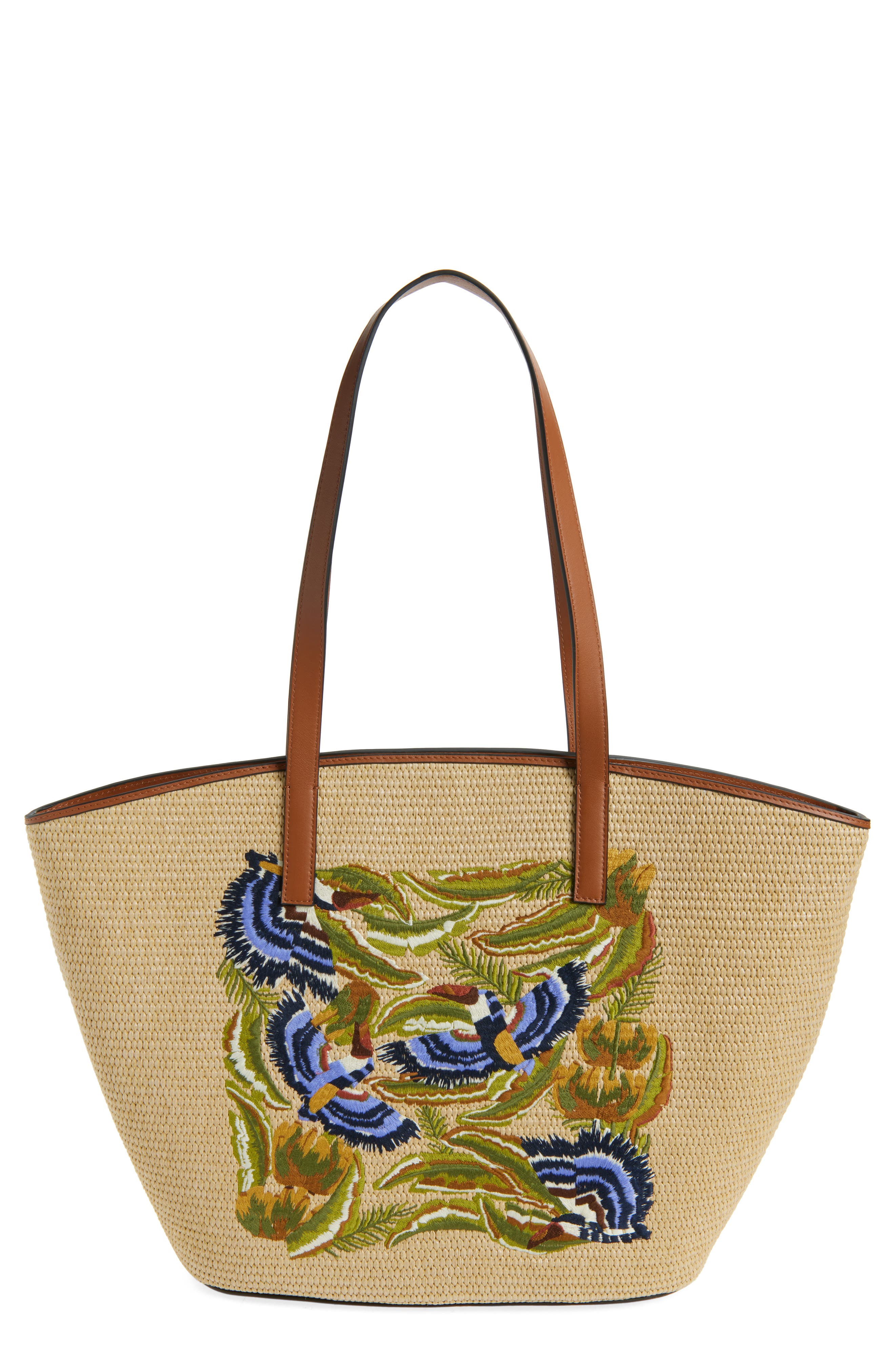 FARM Rio Large Embroidered Raffia Basket Tote, Main, color, Sunny Paradise Embroidery