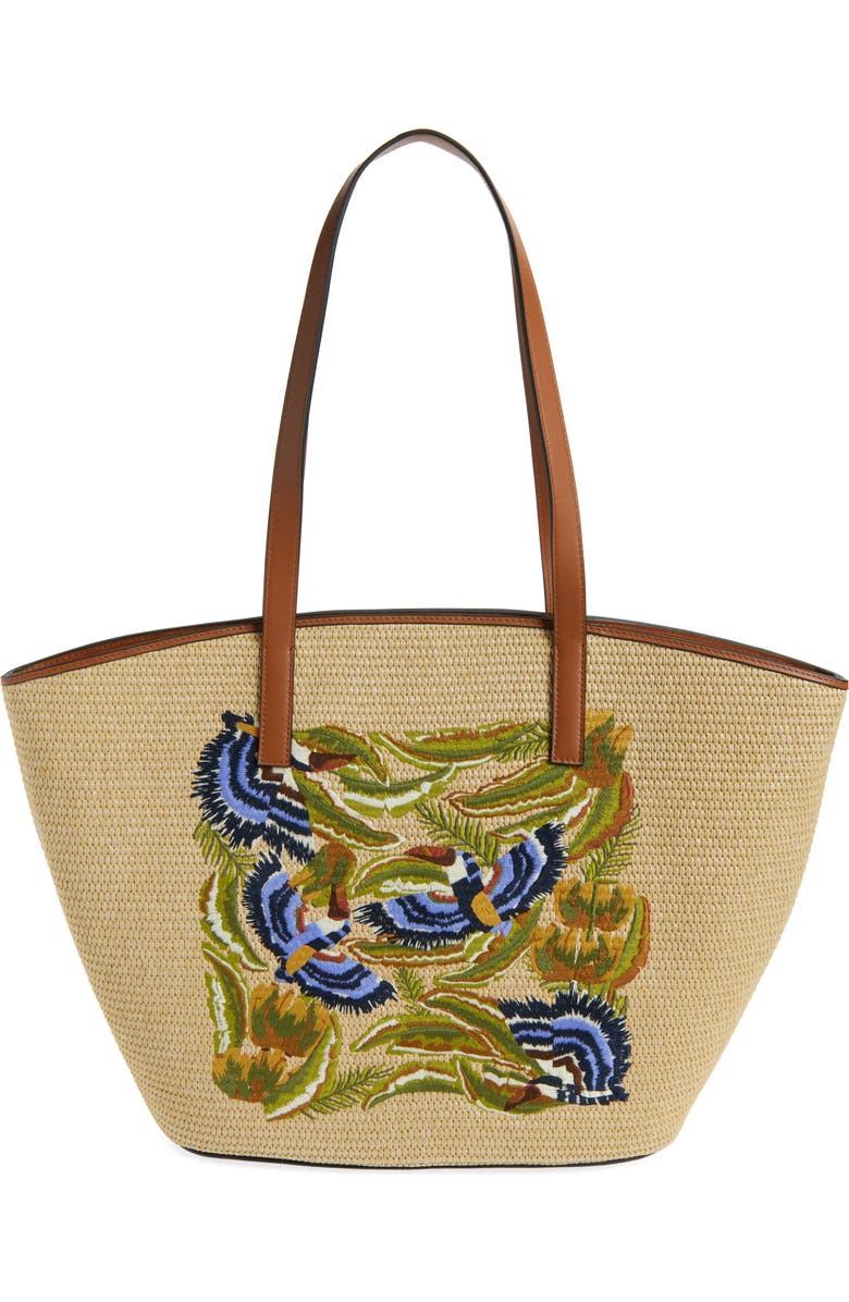 FARM Rio Large Embroidered Raffia Basket Tote, Main, color, Sunny Paradise Embroidery
