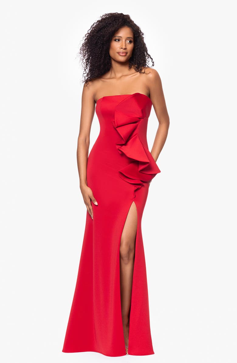 Betsy & Adam Ruffle Strapless Scuba Knit Gown, Alternate, color, 