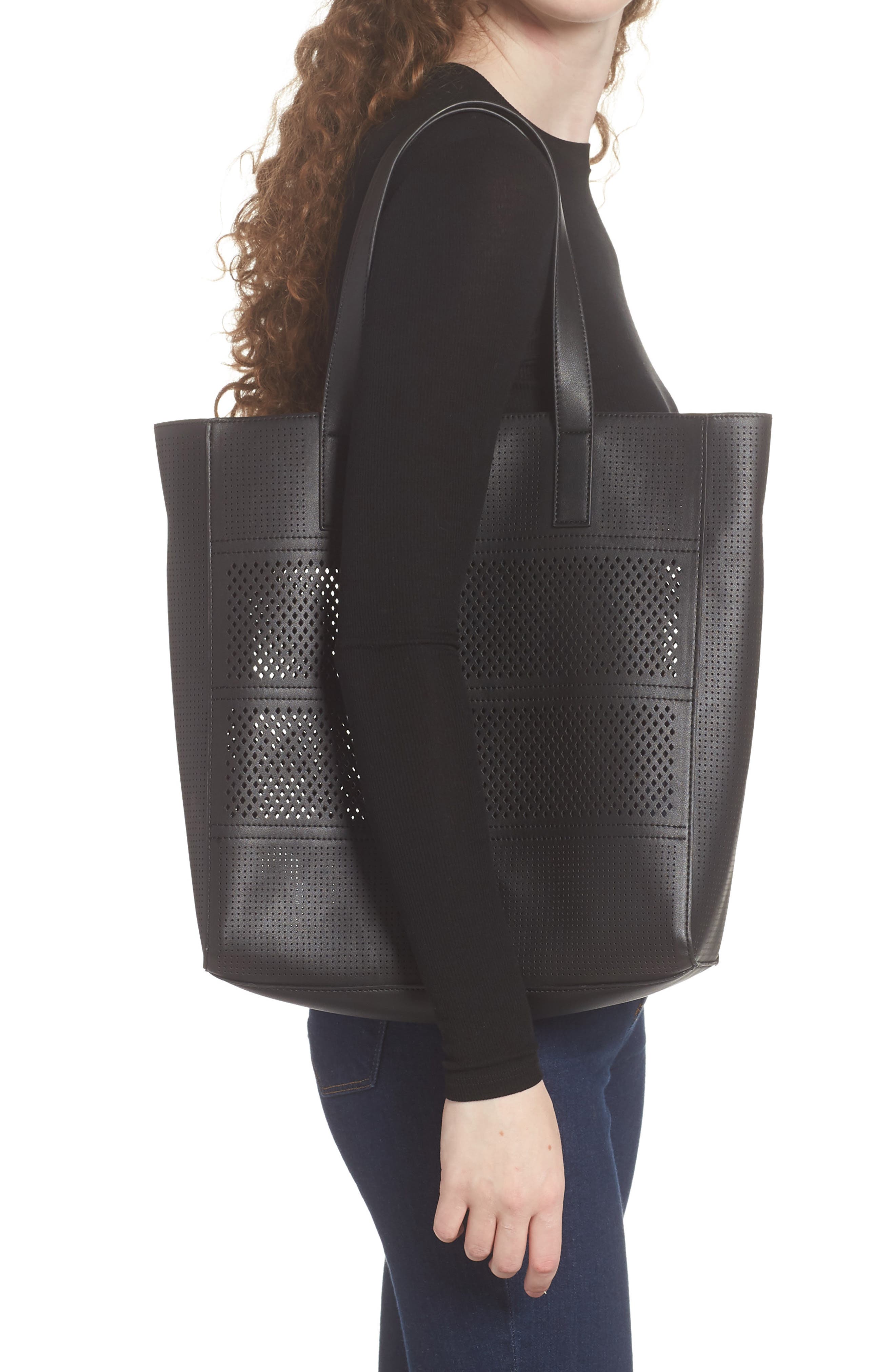 Street Level Laser Cutout Faux Leather Tote, Alternate, color, 