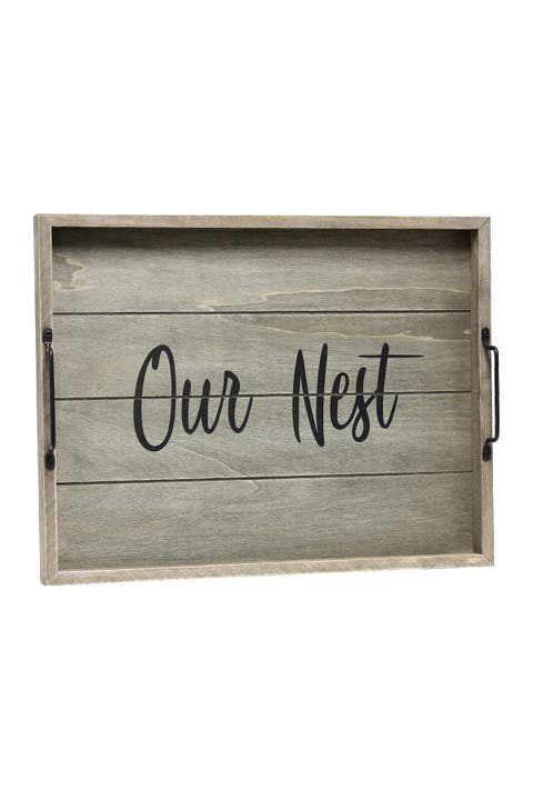 Decorative Wood Serving Tray with Handles - 15.5" x 12" - "Our Nest"