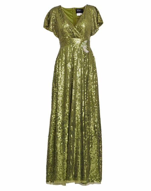 Mac Duggal Sequined Rhinestone-embellished Gown In Olive