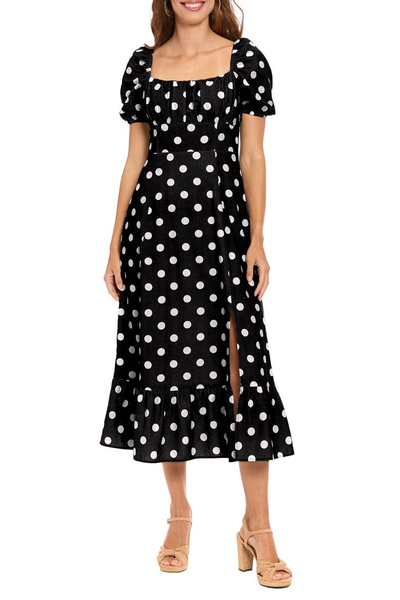 Puff Sleeve Linen Blend Midi Dress, Main, color, BLACK/ CREAM