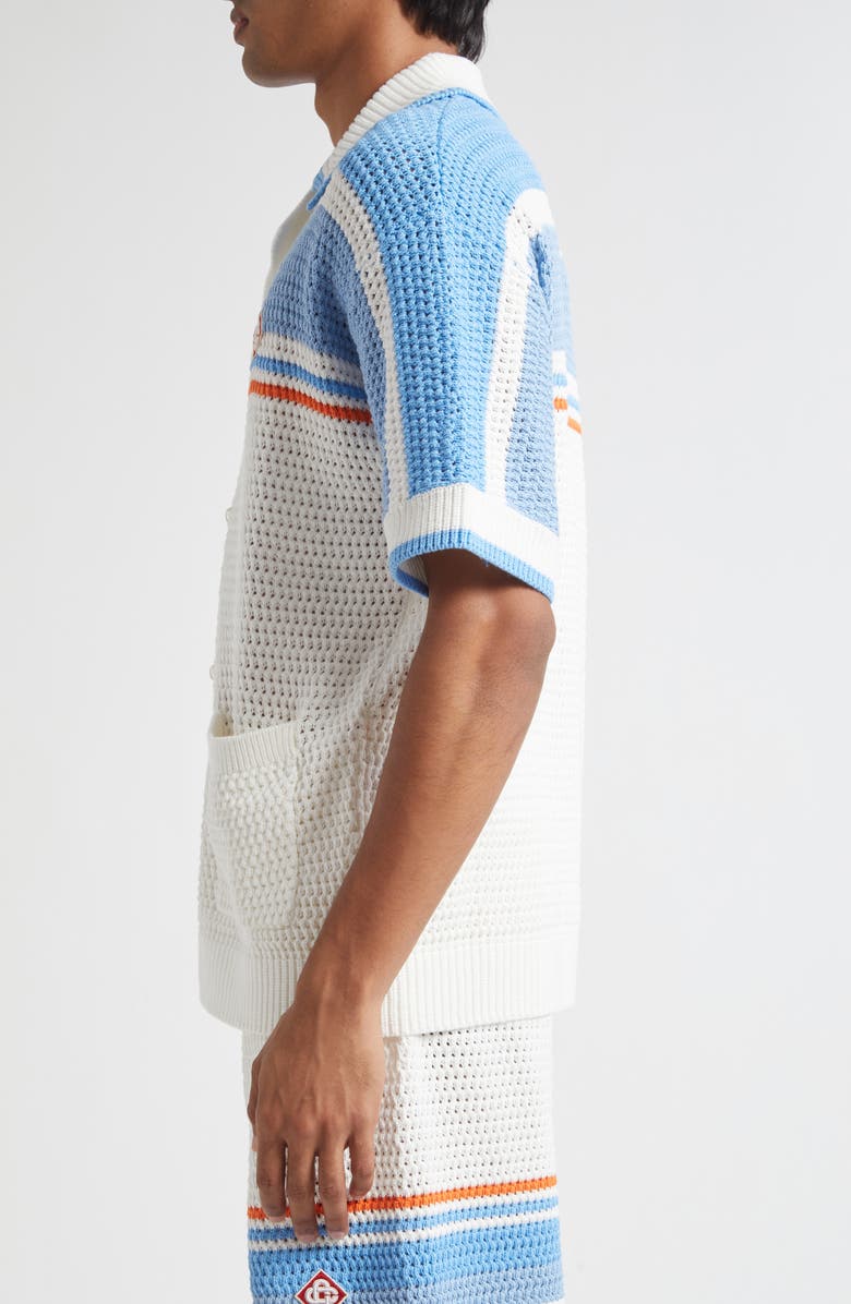 Casablanca Camp Collar Short Sleeve Cotton Crochet Cardigan, Alternate, color, Blue Multi