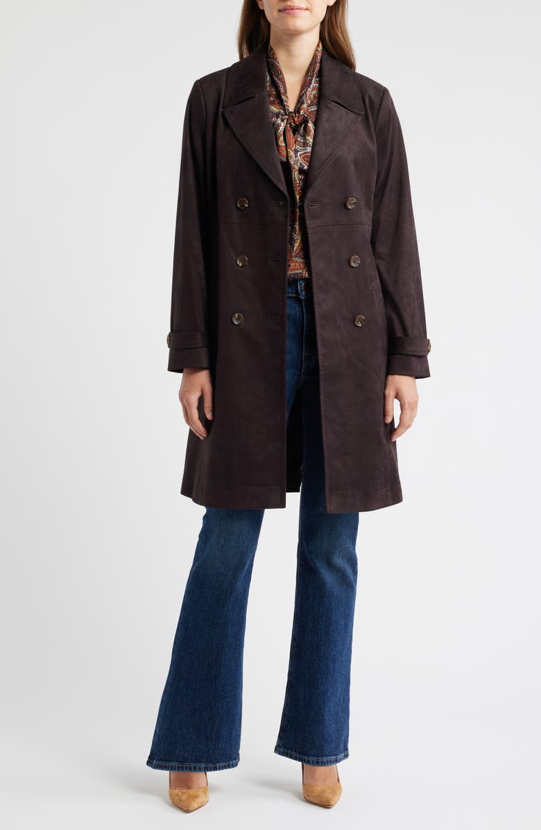 Tahari ASL Faux Suede Trench Coat, Alternate, color, Espresso