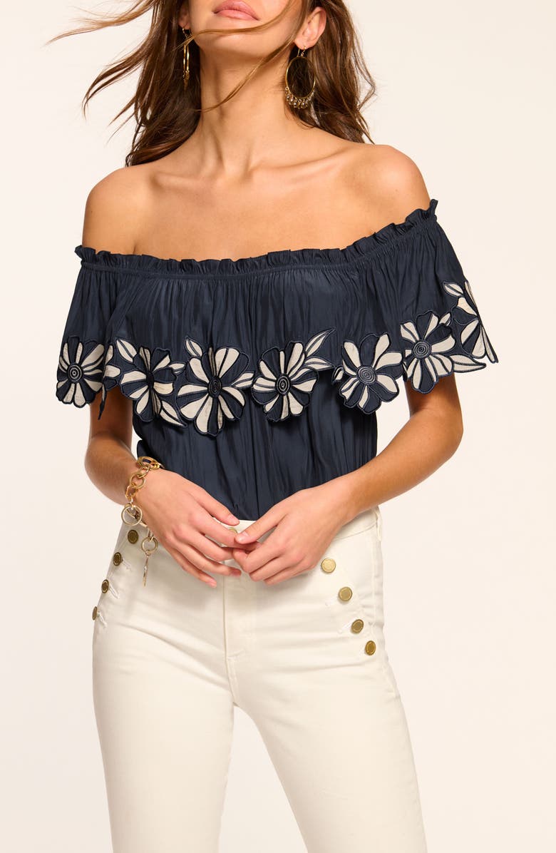 Ramy Brook Terri Embroidered Floral Ruffle Off the Shoulder Top, Main, color, Navy