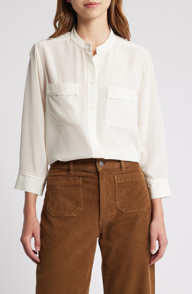 FRAME Scallop Trim Silk Button-Up Shirt, Main, color, 