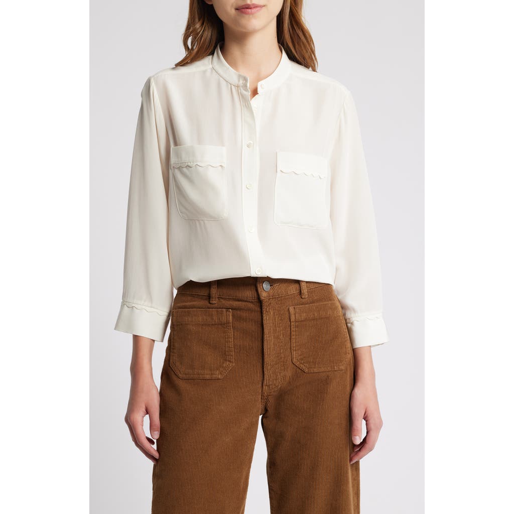 Frame Scallop Trim Silk Button-up Shirt In White