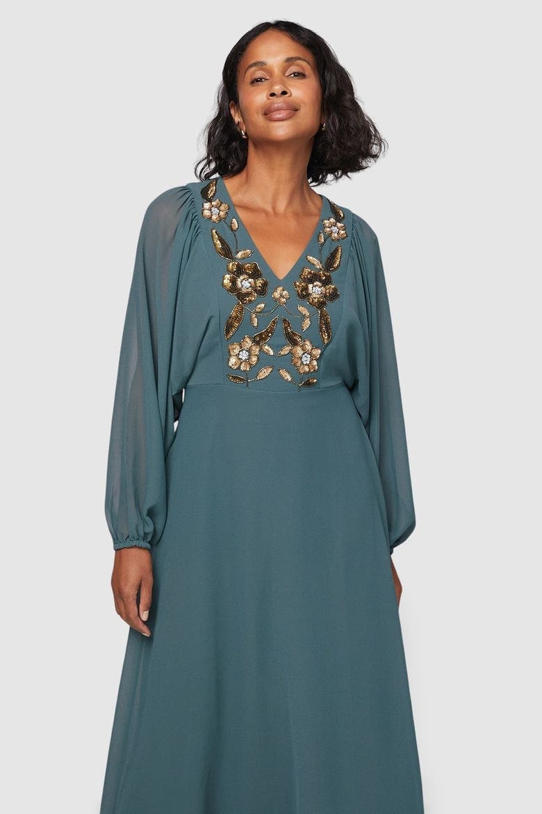 Embellished Balloon Sleeve Midi Dress, Alternate, color, Green