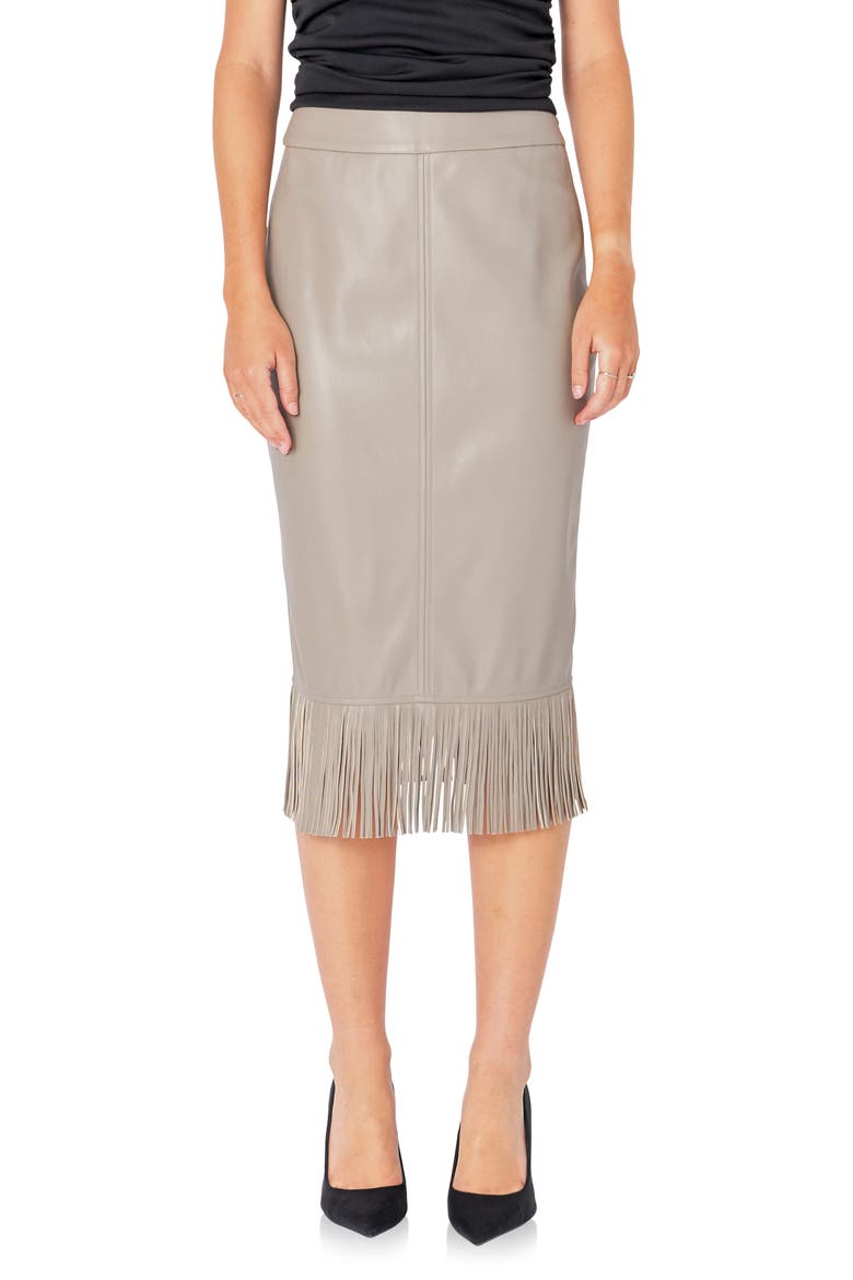 Fringe Faux Leather Midi Penci Skirt, Main, color, TAUPE