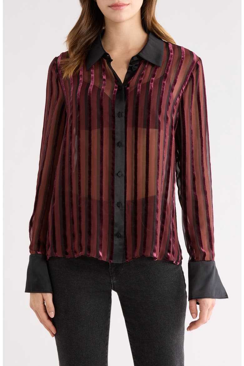 Mazzy Velvet Stripe Sheer Silk Blend Shirt, Main, color, AUBERGINE/ BLACK