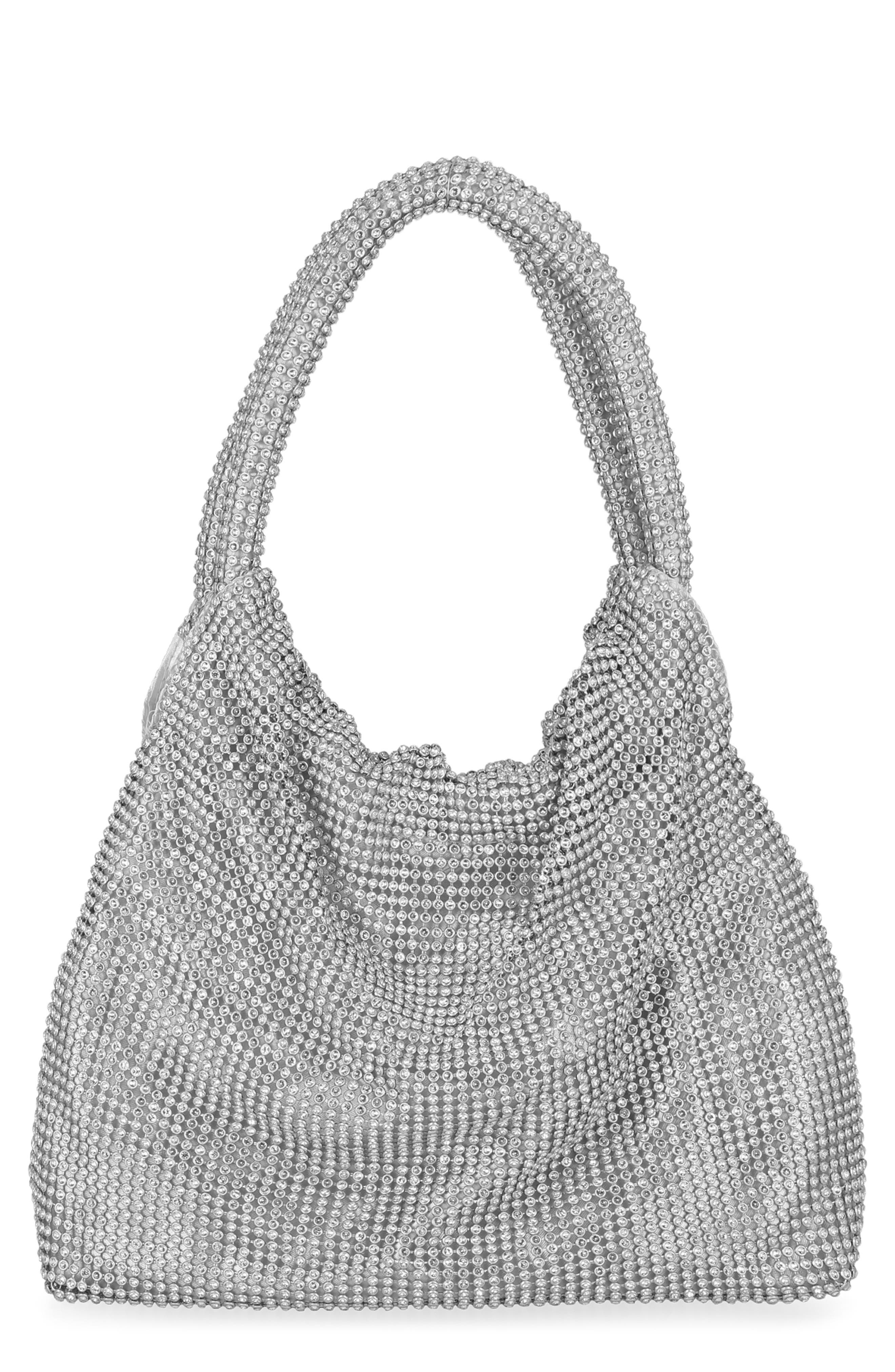 Jessica McClintock Jupiter Rhinestone Mesh Clutch, Main, color, 42N-Silver