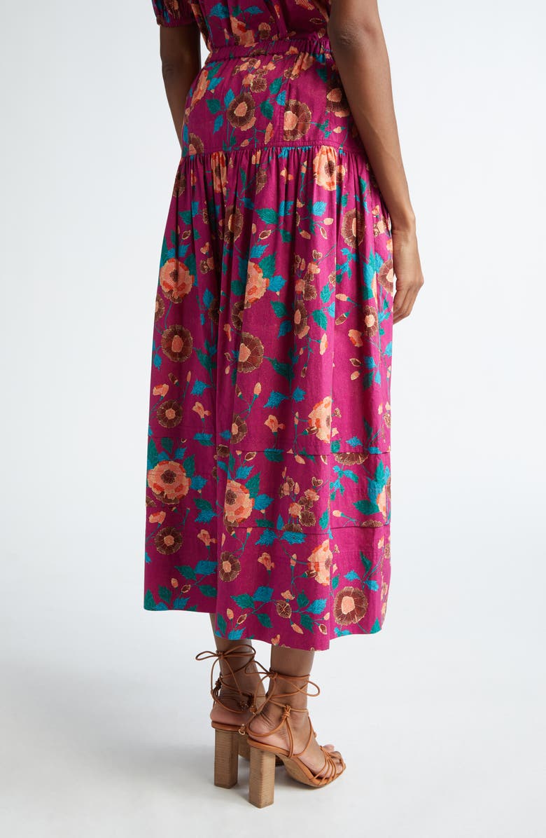 Ulla Johnson Anthia Floral Tiered Cotton Midi Skirt, Alternate, color, Ruby Flora