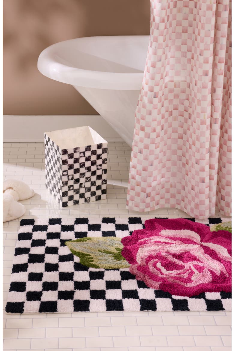 Rose & Check Cotton Blend Bath Rug, Alternate, color, BLACK