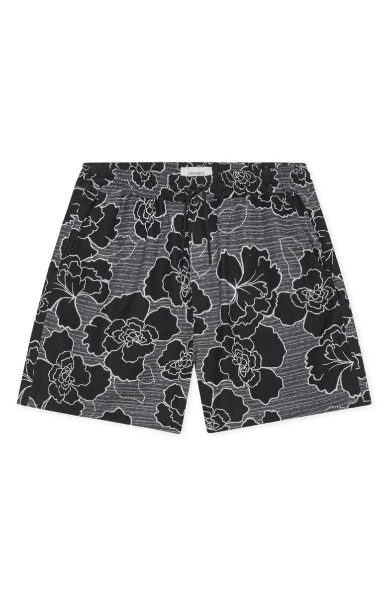Les Deux Charlie Poppy Pattern Knit Cotton Blend Drawstring Shorts, Alternate, color, Black