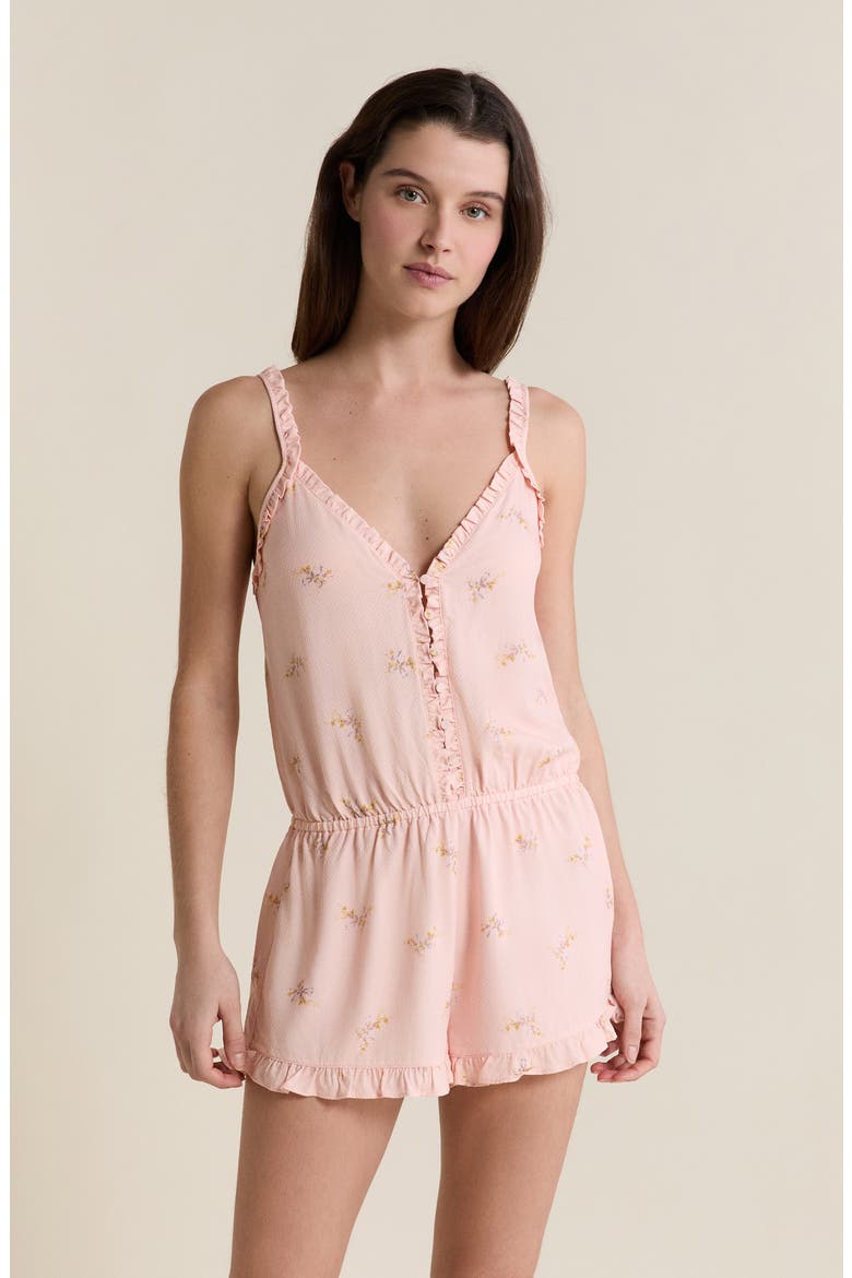 Solia Floral Swiss Dot Ruffle Trim Sleep Romper, Alternate, color, IMP FOND ROSE