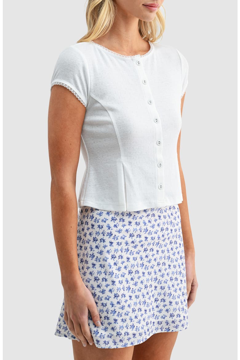 Pointelle Stitch Peplum Button-Up Top, Alternate, color, IVORY
