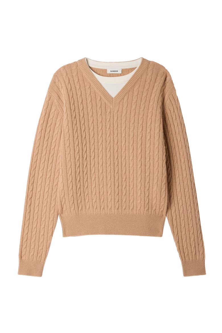 2-in-1 cable knit sweater, Alternate, color, Beige