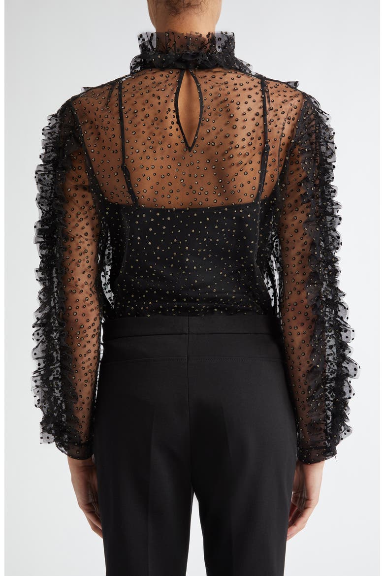 Embellished Sheer Ruffle Long Sleeve Tulle Top, Alternate, color, BLACK-GOLD