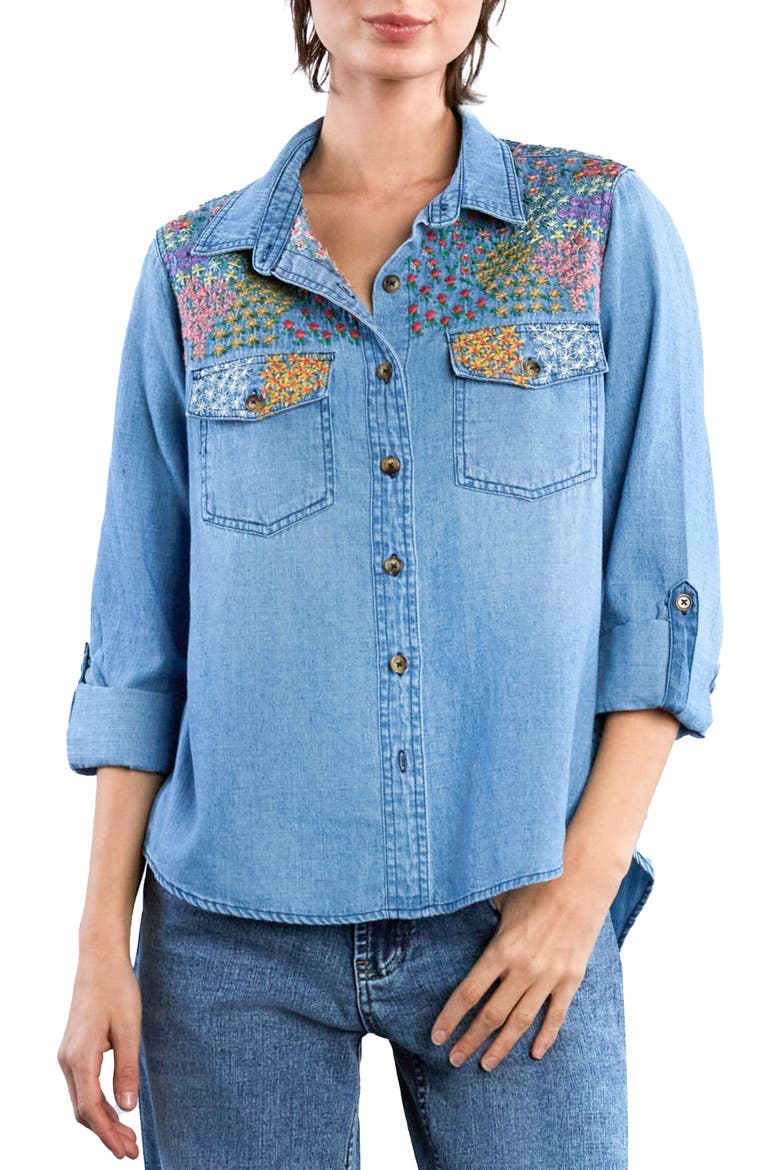Flower Patch Embroidered Denim Button-Up Shirt, Main, color, DENIM