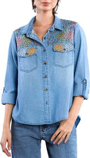 Billy T Flower Patch Embroidered Denim Button-Up Shirt