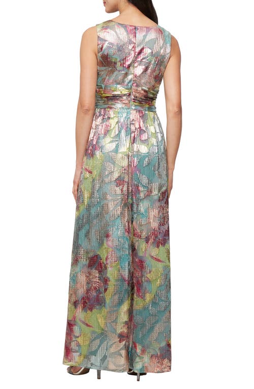Shop Sl Fashions Metallic Floral Surplice Neck Gown In Silver Multi