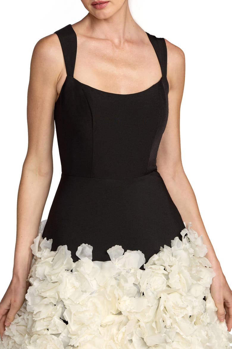 Sleeveless A Line Crepe Midi Dress With Floral Hem, Alternate, color, Black Cream
