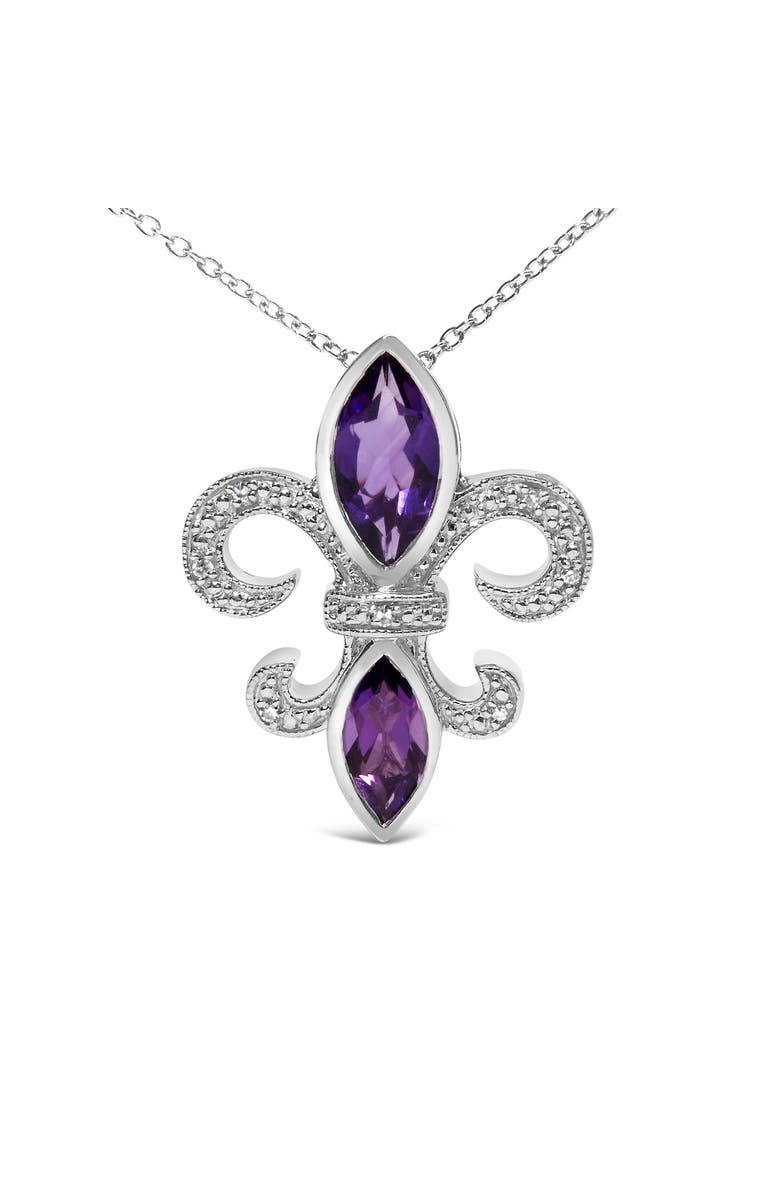 Haus of Brilliance Silver Purple Amethyst Marquise and Diamond Accent Fleur De Lis Pendant Necklace, Alternate, color, White