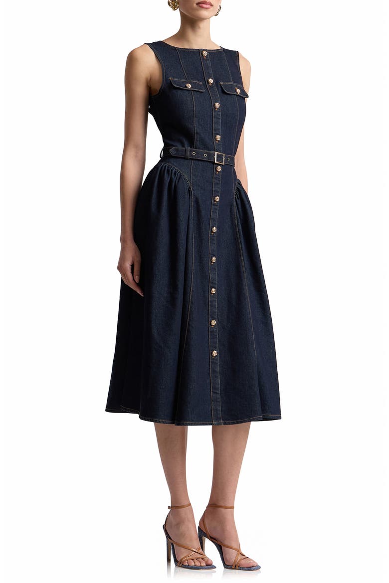 Belted Sleeveless Denim Dress, Alternate, color, DARK RINSE