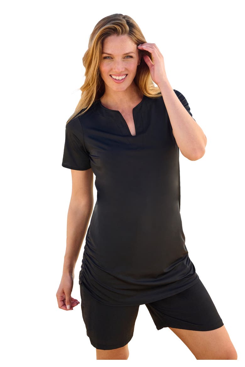 Split Neck Short Sleeve Swim Tee With Built In Bra, Main, color, BLACK