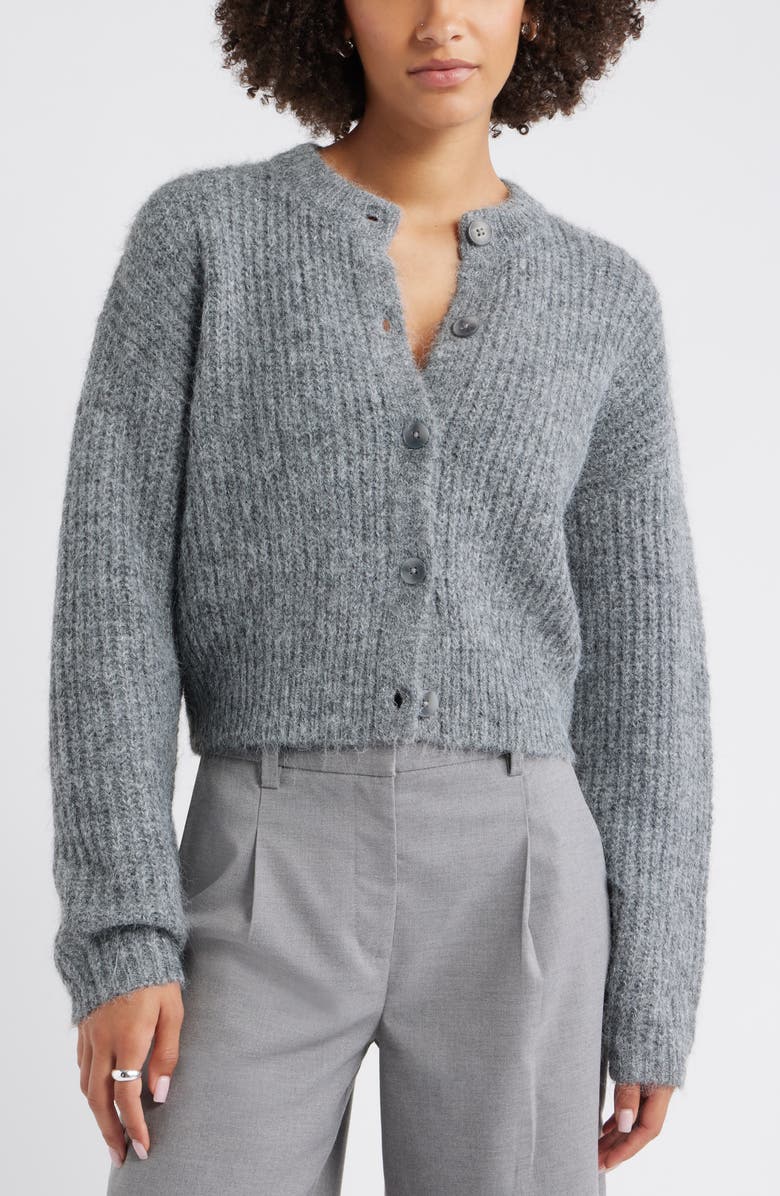 Open Edit Fuzzy Crewneck Cardigan, Alternate, color, Grey Medium Heather
