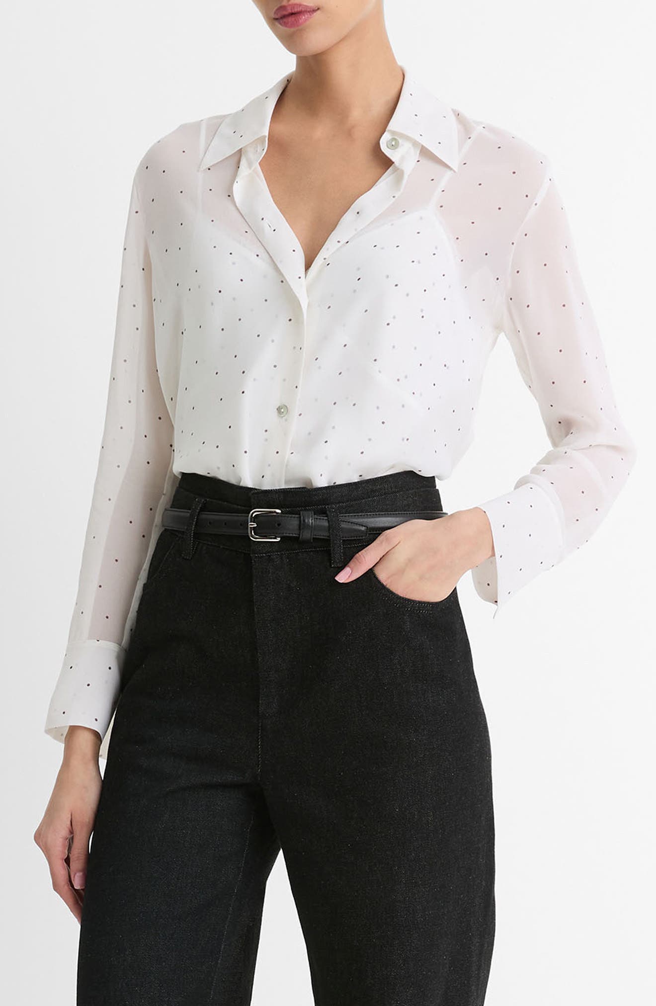 Vince Pin Dot Sheer Silk Button-Up Shirt & Lace Trim Camisole