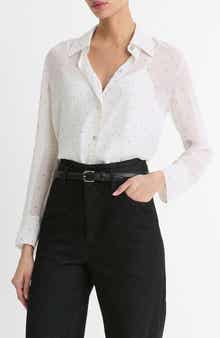 Vince Pin Dot Sheer Silk Button-Up Shirt & Lace Trim Camisole