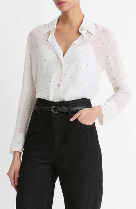 Vince Pin Dot Sheer Silk Button-Up Shirt & Lace Trim Camisole