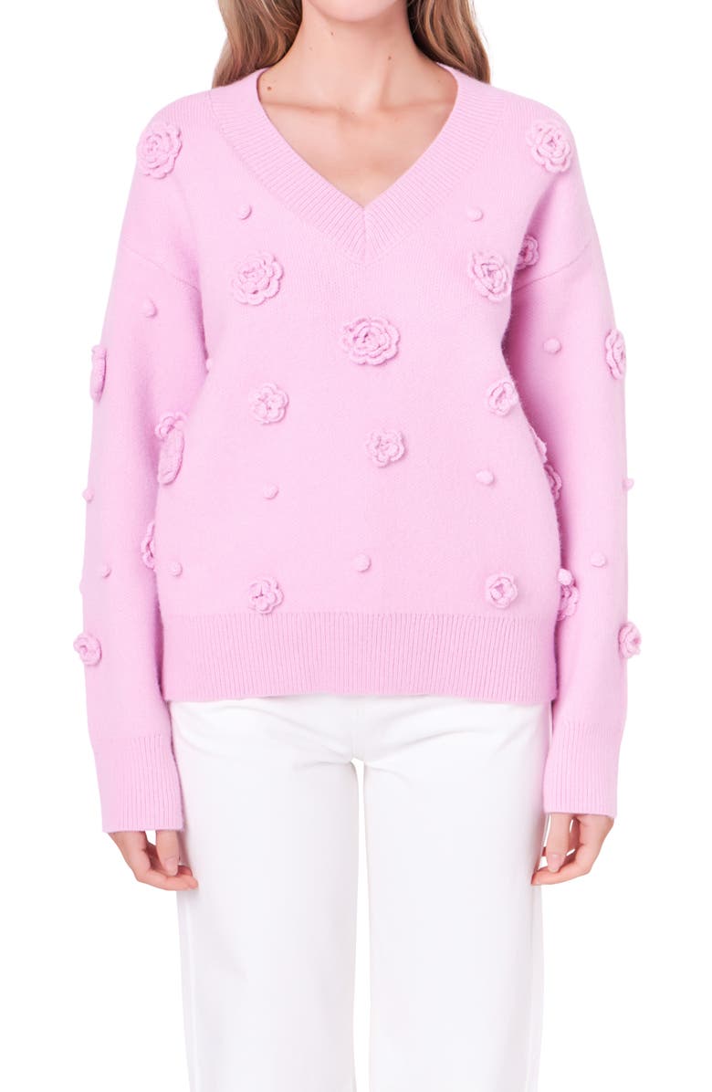 English Factory 3D Flower V-Neck Sweater, Alternate, color, 