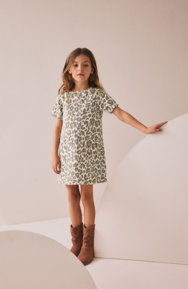 NEXT Kids' Leopard Print Denim Shift Dress, Alternate, color, Brown